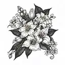 black and white tattoo with Boquet of carnation, daffodil, Lily of the valley, roses, honeysuckle, marigold & poinsettia tattoo design idea