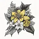 black and white tattoo with Boquet of carnation, daffodil, Lily of the valley, roses, honeysuckle, marigold & poinsettia tattoo design idea