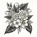 black and white tattoo with Boquet of carnation, daffodil, Lily of the valley, roses, honeysuckle, marigold & poinsettia tattoo design idea
