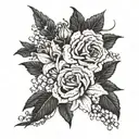 black and white tattoo with Boquet of carnation, daffodil, Lily of the valley, roses, honeysuckle, marigold & poinsettia tattoo design idea