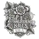 the text 'engineering kills' and flowers around it tattoo design idea