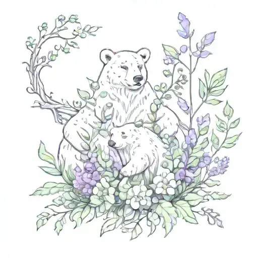 A whimsical garden scene with mistletoe, bears, and green carnations intertwined with lavender plants tattoo design idea