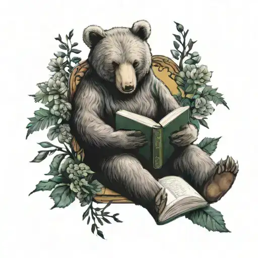A cozy reading nook with a bear reading a book under a mistletoe branch, surrounded by green carnations tattoo design idea