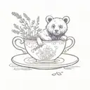 A teacup with a bear silhouette and a book inside, with lavender sprigs floating around tattoo design idea