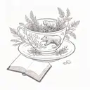 A teacup with a bear silhouette and a book inside, with lavender sprigs floating around tattoo design idea