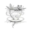 A teacup with a bear silhouette and a book inside, with lavender sprigs floating around tattoo design idea