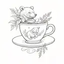 A teacup with a bear silhouette and a book inside, with lavender sprigs floating around tattoo design idea