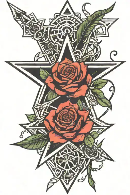 heptagram star and rose intertwined arrow going tattoo design idea
