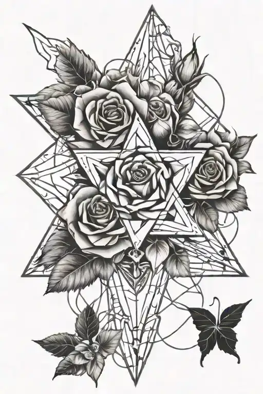 heptagram and rose intertwined tattoo design idea
