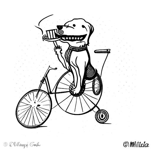 Groodle dog riding a vintage bicycle with a cigar in mouth tattoo design idea