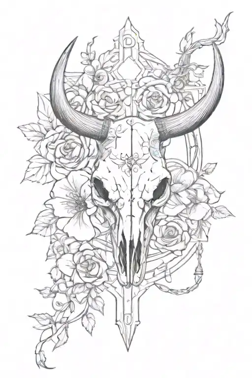 cross, bull skull, playing cards, barbed wire, flowers, leather embroidery tattoo design idea