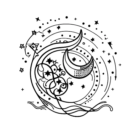 electric guitar, crescent moon, cherry blossoms, stars tattoo design idea