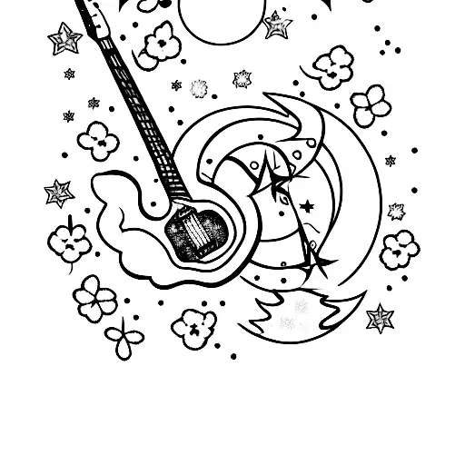 electric guitar with crescent moon and cherry blossoms and stars tattoo design idea