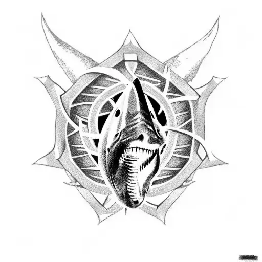 shark fin in sirkel with horns and vred-de-lied tattoo design idea