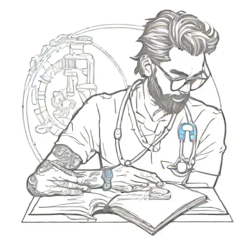 A sketch style tattoo of a med student studying with a stethoscope around their neck and a Swaminarayan mantra in the background tattoo design idea