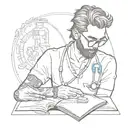 A sketch style tattoo of a med student studying with a stethoscope around their neck and a Swaminarayan mantra in the background tattoo design idea