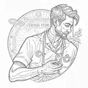 A sketch style tattoo of a med student studying with a stethoscope around their neck and a Swaminarayan mantra in the background tattoo design idea