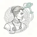 A sketch style tattoo of a med student studying with a stethoscope around their neck and a Swaminarayan mantra in the background tattoo design idea