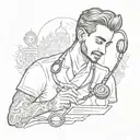 A sketch style tattoo of a med student studying with a stethoscope around their neck and a Swaminarayan mantra in the background tattoo design idea