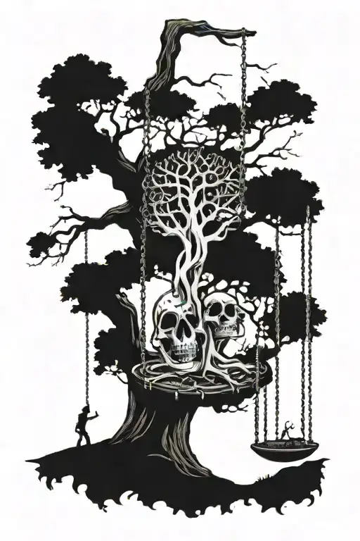 tree dead on one side, alive on other side with kid in tire swing on alive side and skeleton against trunk of dead side tattoo design idea