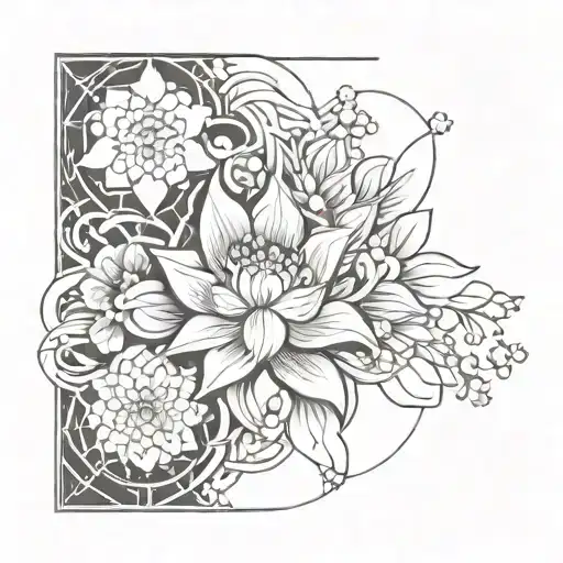 New-school geometric design incorporating Yakuza-style motifs with cherry blossom and lotus elements tattoo design idea