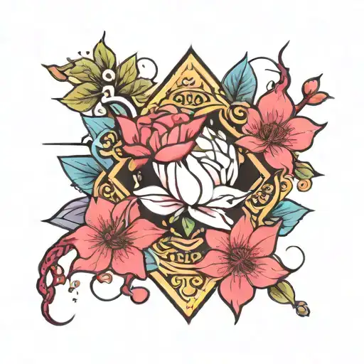 New-school geometric design incorporating Yakuza-style motifs with cherry blossom and lotus elements tattoo design idea