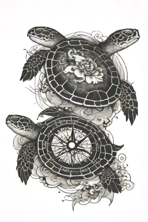 map, compass, ocean, sea turtle, robin bird tattoo design idea