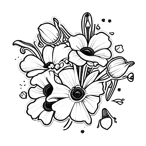 daisy, rose, lily of the valley, poppy, gladiolus flower bouquet fine line tattoo design idea