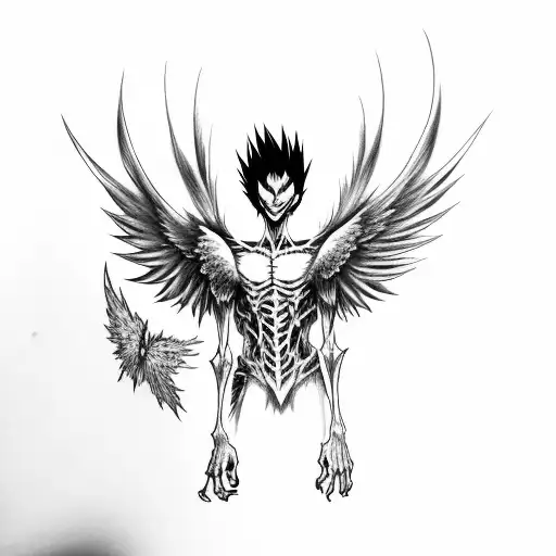 ryuk from the deathnote spread his wings to the sides the tattoo is large in the whole chest tattoo design idea