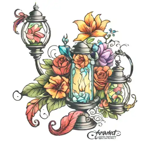Floral Design incorporating Disney items such as the lamp, the lantern, Moana flower, and The little mermaid fork  tattoo design idea