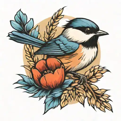 chickadee holding stalk of wheat tattoo design idea