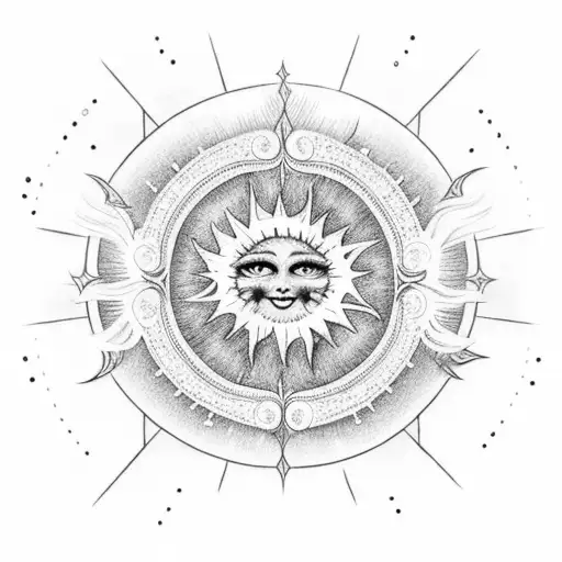 An intricate dotwork tattoo featuring a celestial scene with the sun shining brightly tattoo design idea