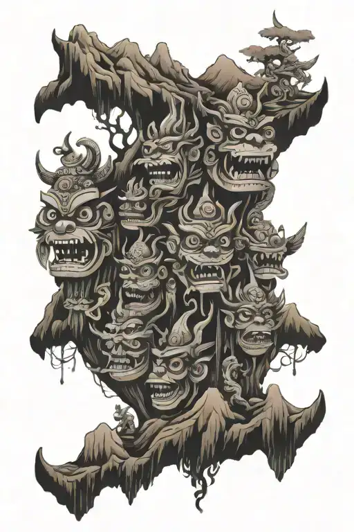 mountains of Indonesian puppets tattoo design idea