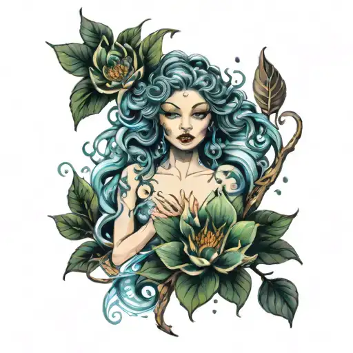 empowered water nymph with sparkles, branches, with an expression on her face of revenge tattoo design idea