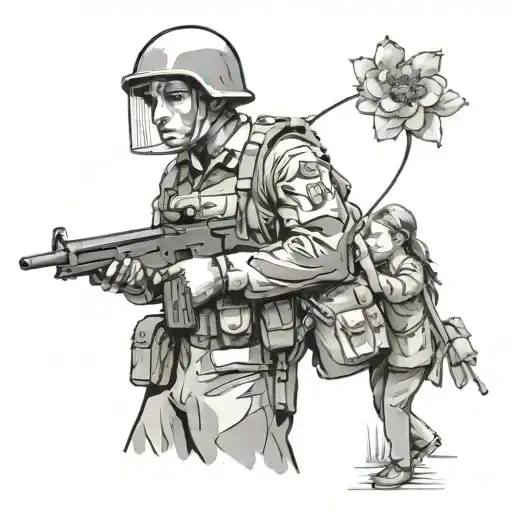 Banksy style art. Soldier shooting girl just as she was placing flower into the barrel of his gun. Her head explodes int tattoo design idea