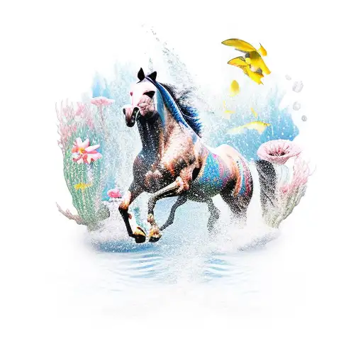 horse running in the sea and splashing flowers tattoo design idea