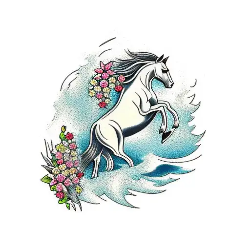 horse running in the sea and splashing flowers tattoo design idea