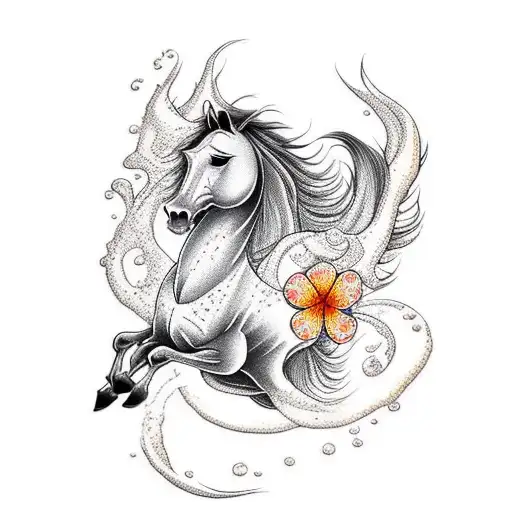 horse running in the sea and splashing flowers tattoo design idea