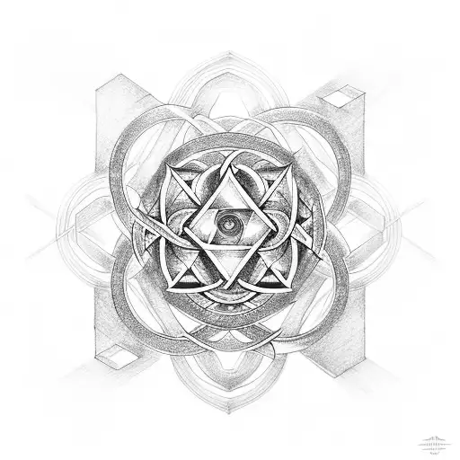 a half sleeve with metatron's cube, a moon, and an endless knot tattoo design idea