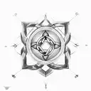 a half sleeve with metatron's cube, a moon, and an endless knot tattoo design idea