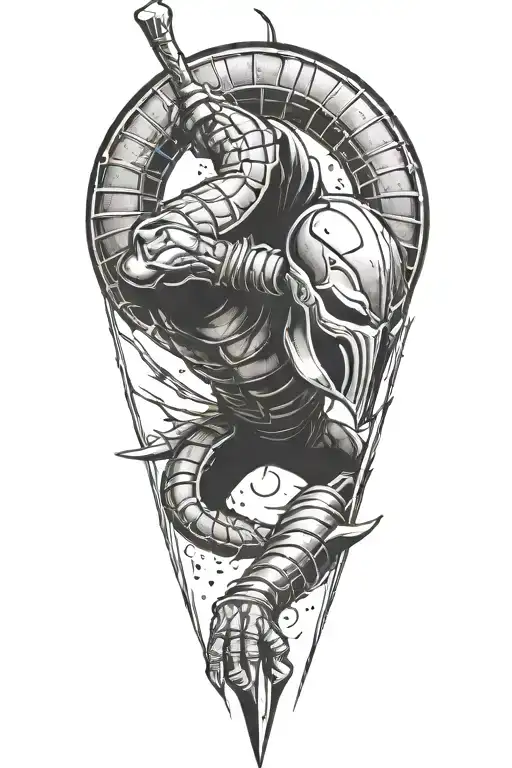 mortal combat scorpion with spear being thrown nd the tip tattoo design idea