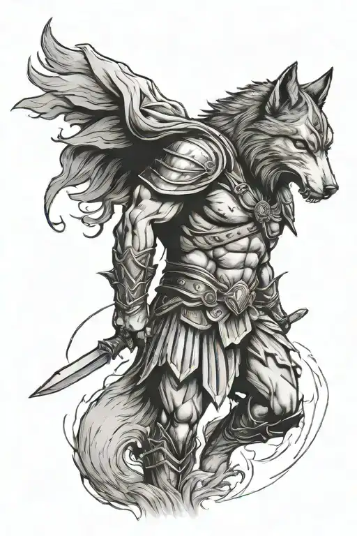 spartan warrior and a wolf tattoo design idea