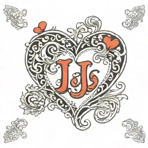 Letter J hidden in a love heart covered with filigree tattoo design idea