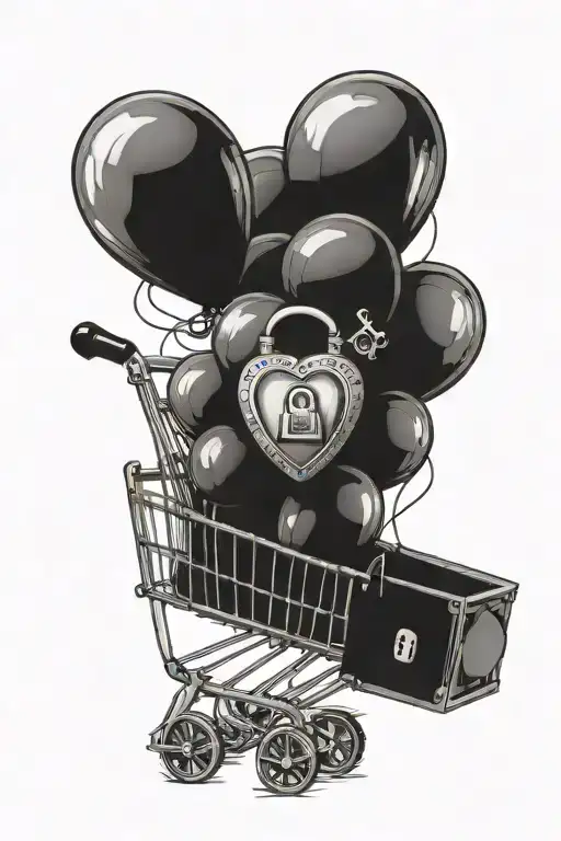 shooping cart and black baloons and a heart and a key and a lock tattoo design idea
