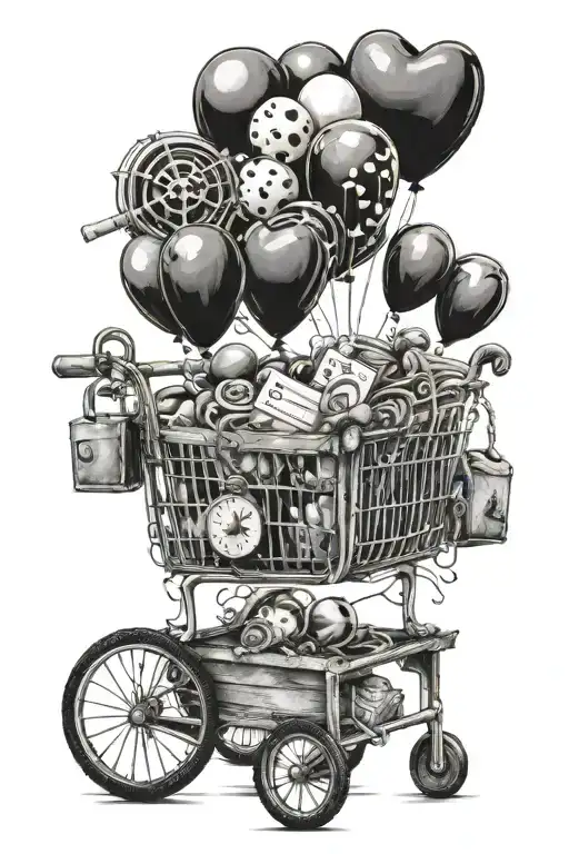 shooping cart and black baloons and a heart and a key and a lock tattoo design idea