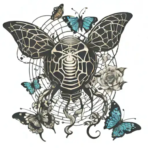 A surreal scene of a spider weaving a heart-shaped web, with butterflies fluttering around it, capturing the essence of transformation and love tattoo design idea