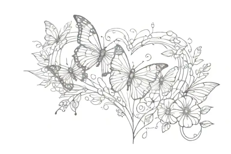 heart rate, butterflies, never give up text tattoo design idea