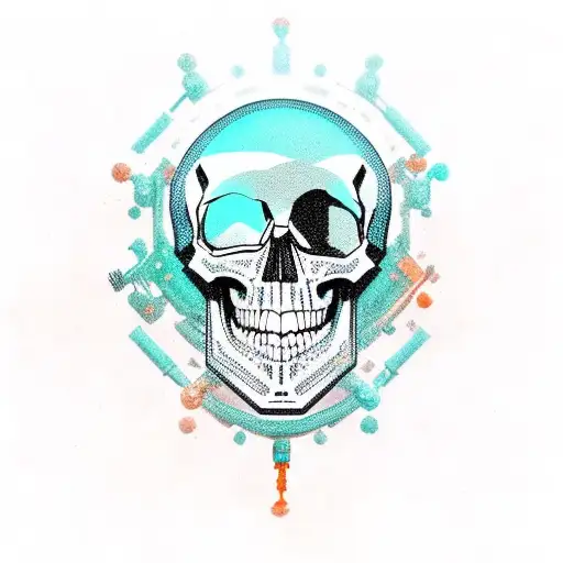 A skull candy robot with teal and coral orange details, surrounded by truth syrup bottles, in a sketch style tattoo design idea