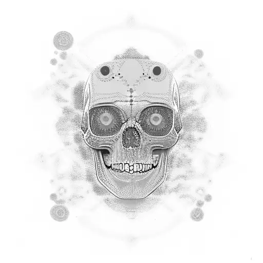 A futuristic skull with teal and coral orange accents, featuring eve and rolly robots in a blackwork style tattoo design idea