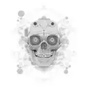 A futuristic skull with teal and coral orange accents, featuring eve and rolly robots in a blackwork style tattoo design idea